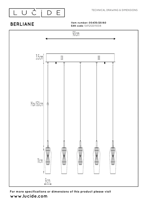 Lucide BERLIANE - Suspension - LED Dim. - 5x4W 2700K - Avec module LED remplaçable - Transparent | Essential - technique